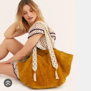 Free People Cognac Suede OS Tote Bag with Macrame Straps Shabby Boho Chic